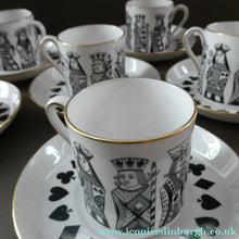 Load image into Gallery viewer, Six Spode Bone China Espresso Cups and Saucers. Playing Cards Pattern
