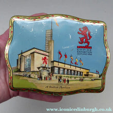 Load image into Gallery viewer, Rare Survivor Glasgow Empire Exhibition Sweetie Tin 1938; with an Image of the Scottish Pavilion
