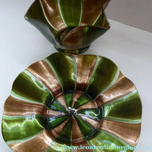 Load image into Gallery viewer, RARE Venetian / Salviati Murano Green Glass Finger Bowl &amp; Saucer; Gold Stripes with Ripple Edges
