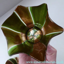 Load image into Gallery viewer, RARE Venetian / Salviati Murano Green Glass Finger Bowl &amp; Saucer; Gold Stripes with Ripple Edges
