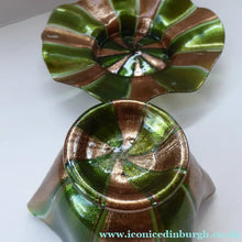 Load image into Gallery viewer, RARE Venetian / Salviati Murano Green Glass Finger Bowl &amp; Saucer; Gold Stripes with Ripple Edges
