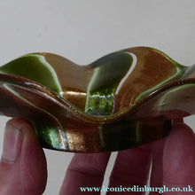 Load image into Gallery viewer, RARE Venetian / Salviati Murano Green Glass Finger Bowl &amp; Saucer; Gold Stripes with Ripple Edges
