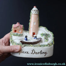 Load image into Gallery viewer, Rare Victorian Staffordshire Figurine. Little Model of Grace Darling Rowing a Boat. Lighthouse in Background

