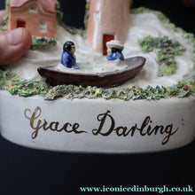 Load image into Gallery viewer, Rare Victorian Staffordshire Figurine. Little Model of Grace Darling Rowing a Boat. Lighthouse in Background
