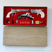 Load image into Gallery viewer, COLLECTOR'S ITEM. Rare Vintage BCM Outlaw Presentation BOX of TOY Miniature Antique Firearms
