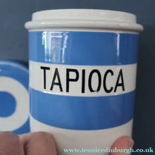 Load image into Gallery viewer, Rarer 1930s TG Green CORNISHWARE Tall Lidded Canister for TAPIOCA. 5 1/2 Inches in Height. Black Shield Mark

