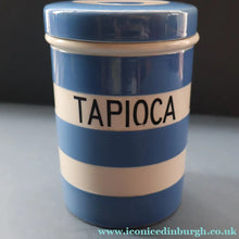 Load image into Gallery viewer, Rarer 1930s TG Green CORNISHWARE Tall Lidded Canister for TAPIOCA. 5 1/2 Inches in Height. Black Shield Mark

