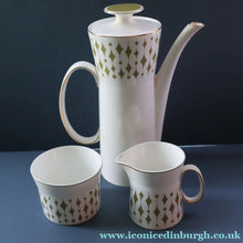 Load image into Gallery viewer, Rarer 1970s GREENWAY Pattern Bone China Coffee Set. Designed by John Russell for Hostess Tableware

