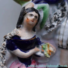 Load image into Gallery viewer, Rarer ANTIQUE Staffordshire Figurine / Spill Vase Featuring a Man and Woman with Dog Standing Beside a Tree
