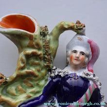 Load image into Gallery viewer, Rarer ANTIQUE Staffordshire Figurine / Spill Vase Featuring a Man and Woman with Dog Standing Beside a Tree
