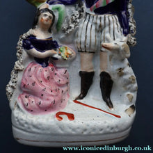 Load image into Gallery viewer, Rarer ANTIQUE Staffordshire Figurine / Spill Vase Featuring a Man and Woman with Dog Standing Beside a Tree
