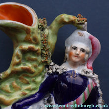 Load image into Gallery viewer, Rarer ANTIQUE Staffordshire Figurine / Spill Vase Featuring a Man and Woman with Dog Standing Beside a Tree
