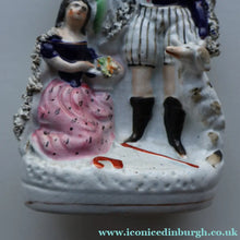 Load image into Gallery viewer, Rarer ANTIQUE Staffordshire Figurine / Spill Vase Featuring a Man and Woman with Dog Standing Beside a Tree
