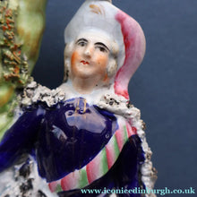 Load image into Gallery viewer, Rarer ANTIQUE Staffordshire Figurine / Spill Vase Featuring a Man and Woman with Dog Standing Beside a Tree
