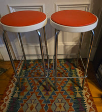 Load image into Gallery viewer, Genuine Vintage 1972 Chair Centre barstools. White Plastic, Tangerine Vinyl and Chrome Legs. THREE AVAILABLE
