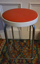 Load image into Gallery viewer, Genuine Vintage 1972 Chair Centre barstools. White Plastic, Tangerine Vinyl and Chrome Legs. THREE AVAILABLE
