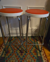Load image into Gallery viewer, Genuine Vintage 1972 Chair Centre barstools. White Plastic, Tangerine Vinyl and Chrome Legs. THREE AVAILABLE
