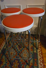 Load image into Gallery viewer, Genuine Vintage 1972 Chair Centre barstools. White Plastic, Tangerine Vinyl and Chrome Legs. THREE AVAILABLE
