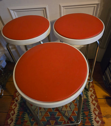 Genuine Vintage 1972 Chair Centre barstools. White Plastic, Tangerine Vinyl and Chrome Legs. THREE AVAILABLE