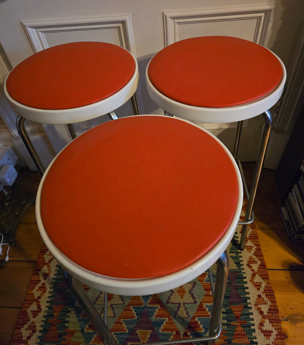 Genuine Vintage 1972 Chair Centre barstools. White Plastic, Tangerine Vinyl and Chrome Legs. THREE AVAILABLE