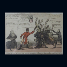 Load image into Gallery viewer, GEORGIAN PRINT. Satirical Print 1810. A New Game of Shuttle Cock ... for John Bull. Hand Coloured Etching. FRAMED
