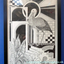 Load image into Gallery viewer, SCOTTISH ART: Vintage 1970s Drawing. SURREAL Image of a Crane in Fantastic Interior by Listed Artist Peter Dworok. Signed and dated 1976
