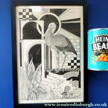 Load image into Gallery viewer, SCOTTISH ART: Vintage 1970s Drawing. SURREAL Image of a Crane in Fantastic Interior by Listed Artist Peter Dworok. Signed and dated 1976
