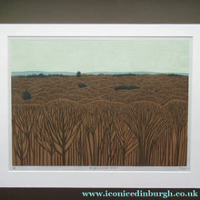 Load image into Gallery viewer, SCOTTISH ART. Colour Linocut by Robert Crozier Entitled Conifers and Other Trees. Small Edition of 8 Impressions
