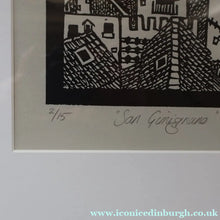 Load image into Gallery viewer, SCOTTISH ART. Jane Hyslop (RSA). Linocut of the town of San Gimignano, Tuscany
