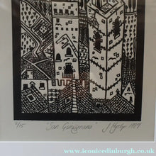 Load image into Gallery viewer, SCOTTISH ART. Jane Hyslop (RSA). Linocut of the town of San Gimignano, Tuscany
