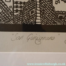 Load image into Gallery viewer, SCOTTISH ART. Jane Hyslop (RSA). Linocut of the town of San Gimignano, Tuscany
