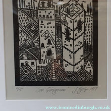 Load image into Gallery viewer, SCOTTISH ART. Jane Hyslop (RSA). Linocut of the town of San Gimignano, Tuscany
