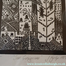 Load image into Gallery viewer, SCOTTISH ART. Jane Hyslop (RSA). Linocut of the town of San Gimignano, Tuscany
