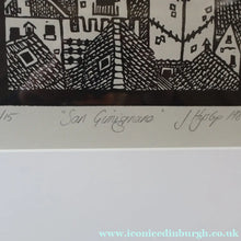 Load image into Gallery viewer, SCOTTISH ART. Jane Hyslop (RSA). Linocut of the town of San Gimignano, Tuscany

