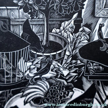 Load image into Gallery viewer, SCOTTISH ART. Rare 1953 Original Wood Engraving by Jozef Sekalski. Design for a Christmas Card Entitled "Fourth Day of Christmas". Pencil Signed 
