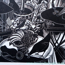 Load image into Gallery viewer, SCOTTISH ART. Rare 1953 Original Wood Engraving by Jozef Sekalski. Design for a Christmas Card Entitled "Fourth Day of Christmas". Pencil Signed 
