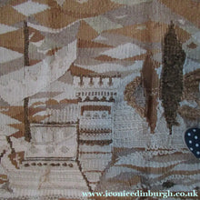 Load image into Gallery viewer, SCOTTISH ART: Vintage 1960s WOVEN TAPESTRY by Maureen Hodge. Panoramic Landscape with a Sailing Boat on the Seashore
