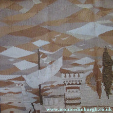 Load image into Gallery viewer, SCOTTISH ART: Vintage 1960s WOVEN TAPESTRY by Maureen Hodge. Panoramic Landscape with a Sailing Boat on the Seashore
