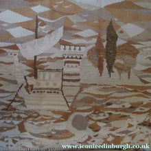 Load image into Gallery viewer, SCOTTISH ART: Vintage 1960s WOVEN TAPESTRY by Maureen Hodge. Panoramic Landscape with a Sailing Boat on the Seashore
