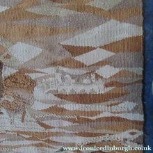 Load image into Gallery viewer, SCOTTISH ART: Vintage 1960s WOVEN TAPESTRY by Maureen Hodge. Panoramic Landscape with a Sailing Boat on the Seashore
