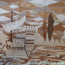 Load image into Gallery viewer, SCOTTISH ART: Vintage 1960s WOVEN TAPESTRY by Maureen Hodge. Panoramic Landscape with a Sailing Boat on the Seashore
