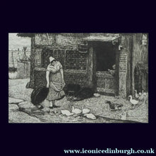 Load image into Gallery viewer, SCOTTISH ART. Original Antique Etching by Robert Walker Macbeth (1848 - 1910) Entitled MEALTIME. A Fishwife Feeding Geese and Ducks
