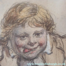 Load image into Gallery viewer, Victorian Drawing of a Boy in a Kilt Throwing Apples by S. Edmonston
