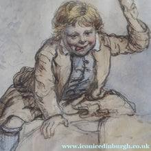 Load image into Gallery viewer, Victorian Drawing of a Boy in a Kilt Throwing Apples by S. Edmonston
