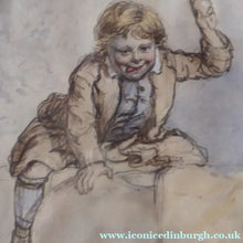 Load image into Gallery viewer, Victorian Drawing of a Boy in a Kilt Throwing Apples by S. Edmonston
