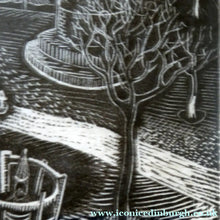 Load image into Gallery viewer, Scottish Art 1940s Woodcut by Kenneth Roberts Wartime Park Scene
