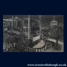 Load image into Gallery viewer, SCOTTISH ART: ORIGINAL Vintage Woodcut by Kenneth Roberts (1932 - 1995). Strange Park Scene. Possibly 1940s in date
