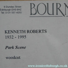 Load image into Gallery viewer, Scottish Art 1940s Woodcut by Kenneth Roberts Wartime Park Scene
