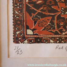 Load image into Gallery viewer, SCOTTISH ART: Rare Screenprint by Bel Cowie Entitled "Red Geranium for an Oriental Carpet".  Signed and dated Feb '80. RARE
