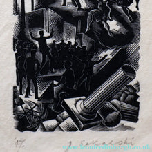Load image into Gallery viewer, SCOTTISH ART. Rare Original 1947 Wood Engraving by Jozef Sekalski. Design for a Christmas Card Entitled "Boogie Woogie". Pencil Signed
